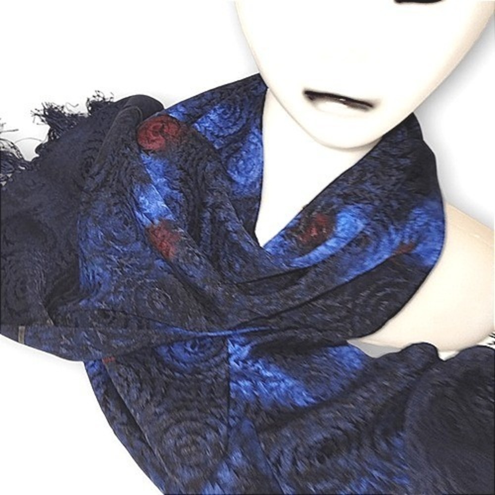 Elegance Women's Navy Blue Floral Jacquard Scarf with‎ Fringe